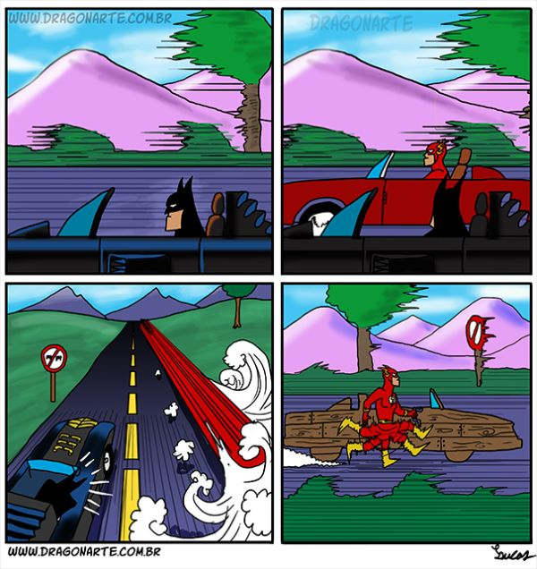 Batman et Flash font une course en voiture